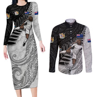 Personalized New Zealand Football Couples Matching Long Sleeve Bodycon Dress and Long Sleeve Button Shirt Kiwi Mascot with Silver Fern - Maori Tribal Tattoo Art TS04 Black White - Polynesian Pride