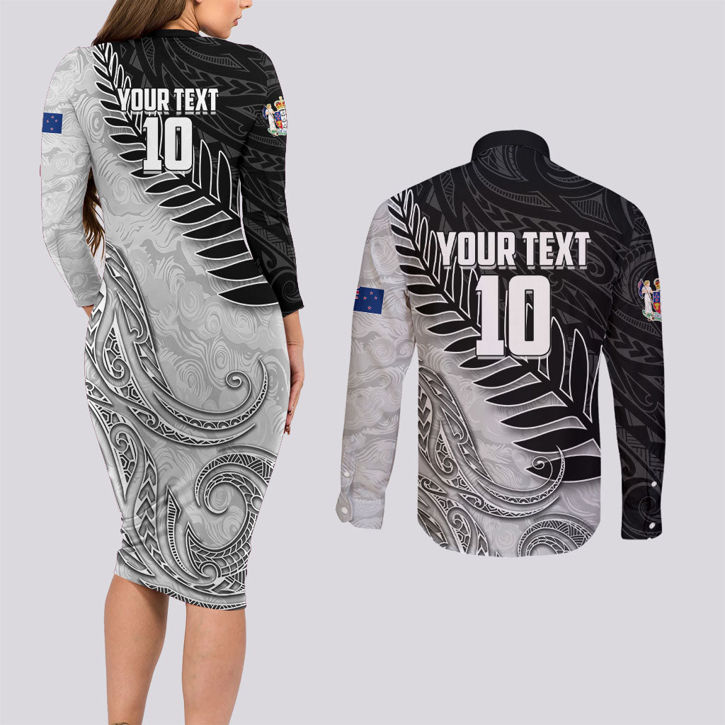 Personalized New Zealand Football Couples Matching Long Sleeve Bodycon Dress and Long Sleeve Button Shirt Kiwi Mascot with Silver Fern - Maori Tribal Tattoo Art TS04 - Polynesian Pride