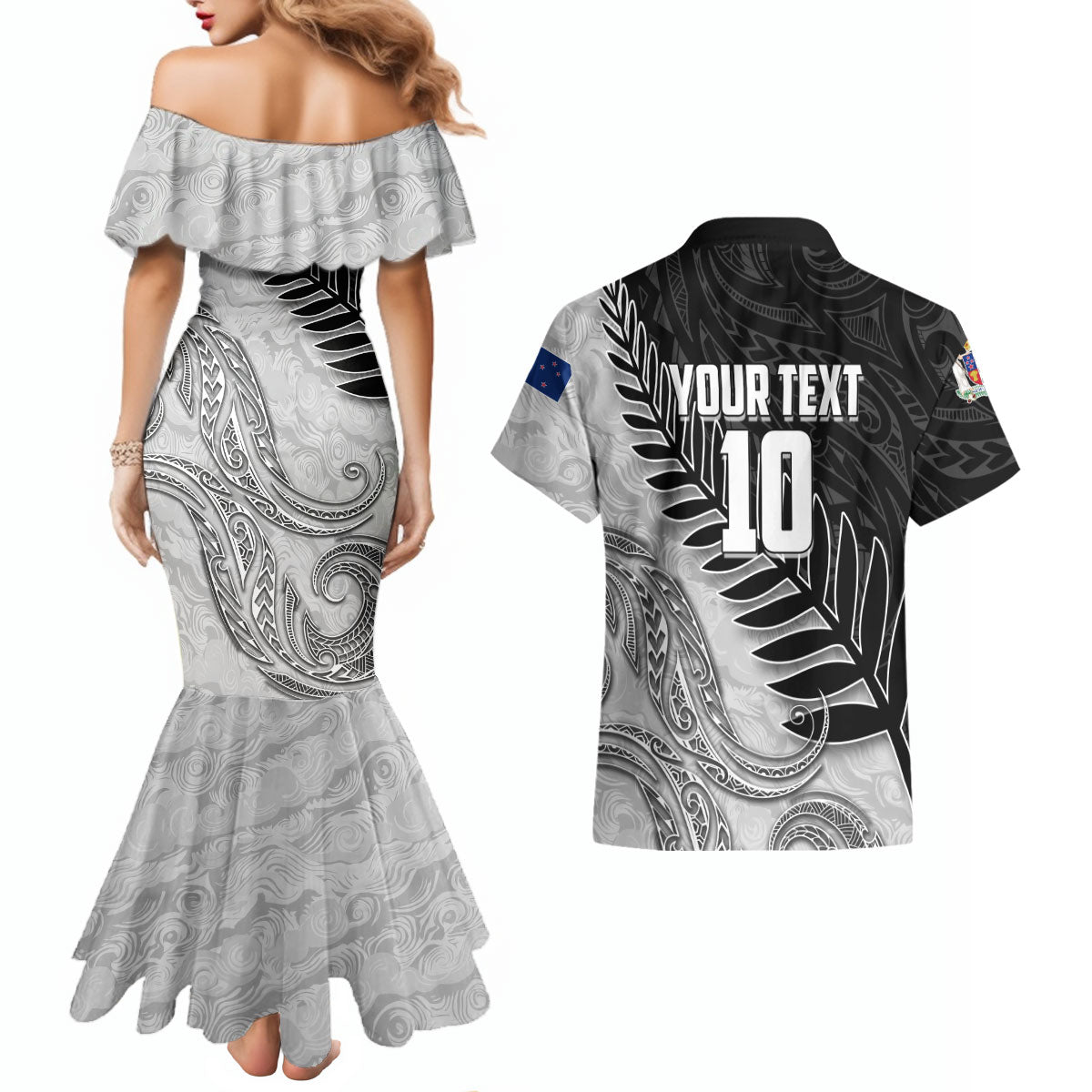 Personalized New Zealand Football Couples Matching Mermaid Dress and Hawaiian Shirt Kiwi Mascot with Silver Fern - Maori Tribal Tattoo Art TS04 - Polynesian Pride