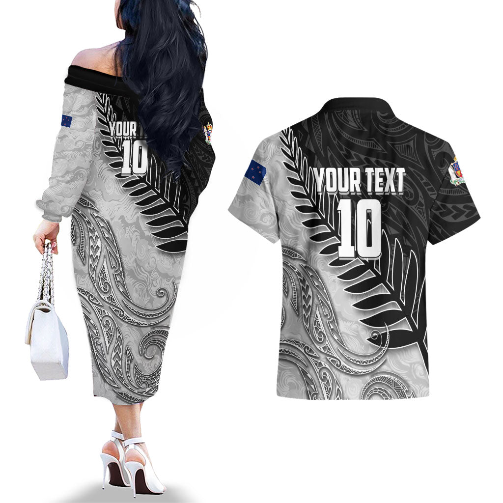 Personalized New Zealand Football Couples Matching Off The Shoulder Long Sleeve Dress and Hawaiian Shirt Kiwi Mascot with Silver Fern - Maori Tribal Tattoo Art TS04 - Polynesian Pride