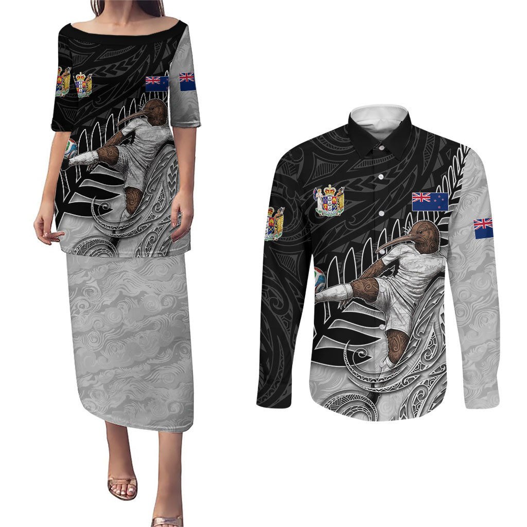 Personalized New Zealand Football Couples Matching Puletasi and Long Sleeve Button Shirt Kiwi Mascot with Silver Fern - Maori Tribal Tattoo Art