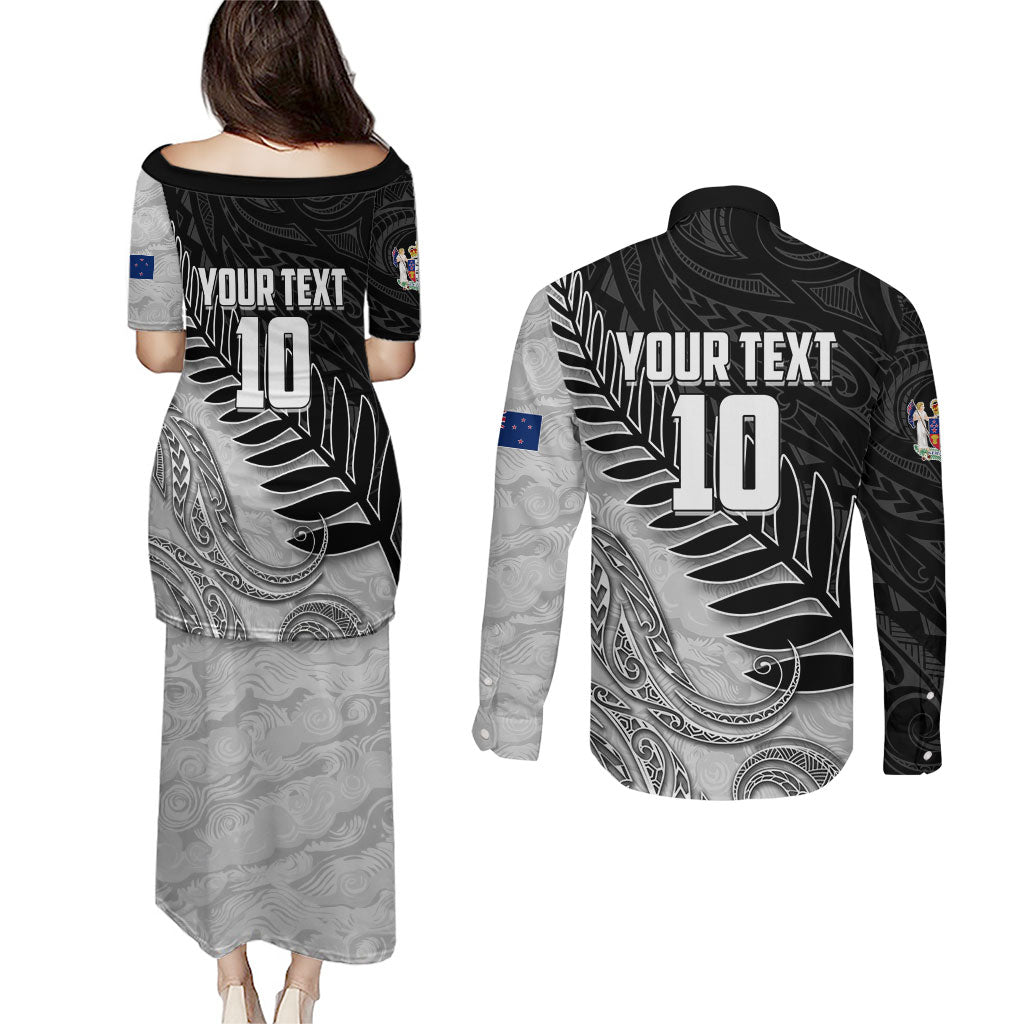 Personalized New Zealand Football Couples Matching Puletasi and Long Sleeve Button Shirt Kiwi Mascot with Silver Fern - Maori Tribal Tattoo Art TS04 - Polynesian Pride
