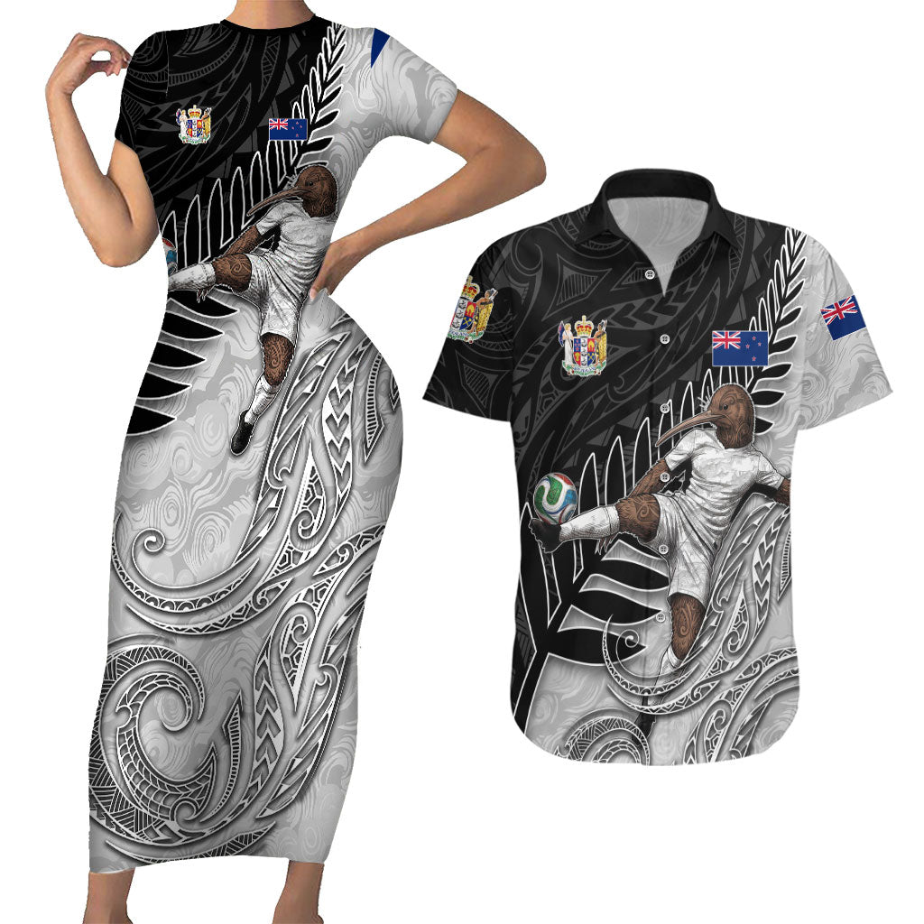 Personalized New Zealand Football Couples Matching Short Sleeve Bodycon Dress and Hawaiian Shirt Kiwi Mascot with Silver Fern - Maori Tribal Tattoo Art TS04 Black White - Polynesian Pride