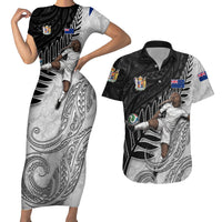 Personalized New Zealand Football Couples Matching Short Sleeve Bodycon Dress and Hawaiian Shirt Kiwi Mascot with Silver Fern - Maori Tribal Tattoo Art TS04 Black White - Polynesian Pride