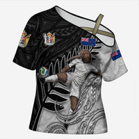 Personalized New Zealand Football Cross Shoulder Shirt Kiwi Mascot with Silver Fern - Maori Tribal Tattoo Art TS04 Female Black White - Polynesian Pride