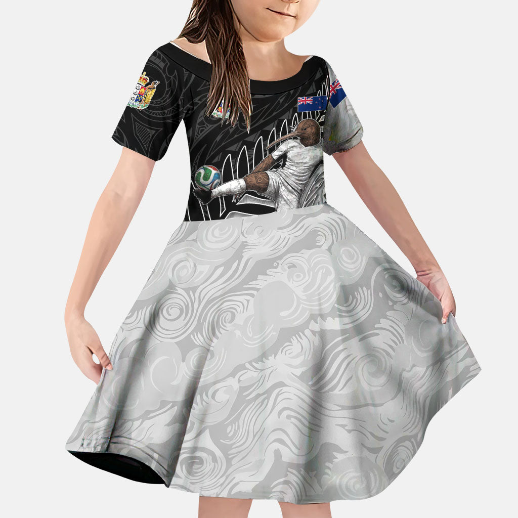 Personalized New Zealand Football Family Matching Off Shoulder Maxi Dress and Hawaiian Shirt Kiwi Mascot with Silver Fern - Maori Tribal Tattoo Art TS04 Daughter's Dress Black White - Polynesian Pride
