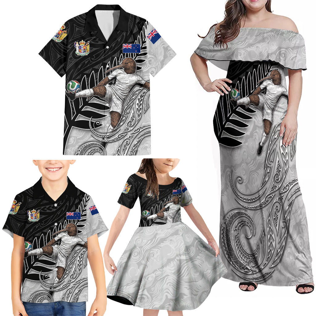 Personalized New Zealand Football Family Matching Off Shoulder Maxi Dress and Hawaiian Shirt Kiwi Mascot with Silver Fern - Maori Tribal Tattoo Art TS04 - Polynesian Pride