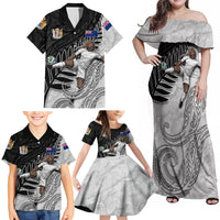 Personalized New Zealand Football Family Matching Off Shoulder Maxi Dress and Hawaiian Shirt Kiwi Mascot with Silver Fern - Maori Tribal Tattoo Art TS04 - Polynesian Pride