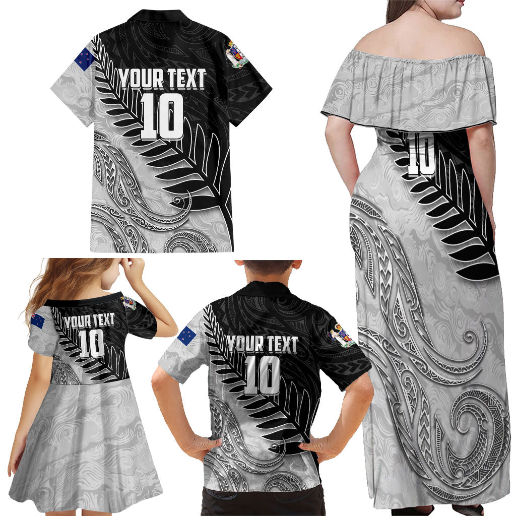 Personalized New Zealand Football Family Matching Off Shoulder Maxi Dress and Hawaiian Shirt Kiwi Mascot with Silver Fern - Maori Tribal Tattoo Art TS04 - Polynesian Pride