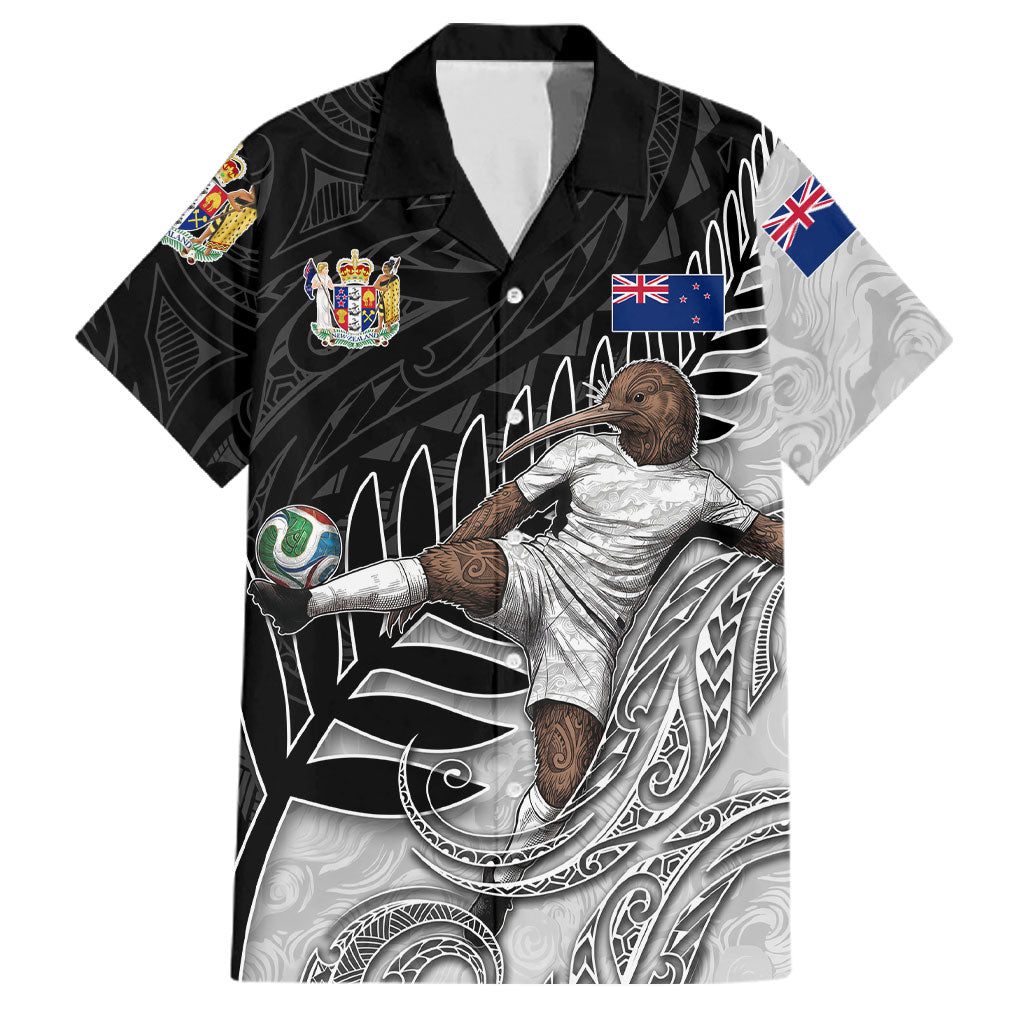 Personalized New Zealand Football Family Matching Off Shoulder Maxi Dress and Hawaiian Shirt Kiwi Mascot with Silver Fern - Maori Tribal Tattoo Art TS04 Dad's Shirt - Short Sleeve Black White - Polynesian Pride