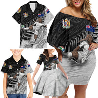 Personalized New Zealand Football Family Matching Off Shoulder Short Dress and Hawaiian Shirt Kiwi Mascot with Silver Fern - Maori Tribal Tattoo Art TS04 - Polynesian Pride