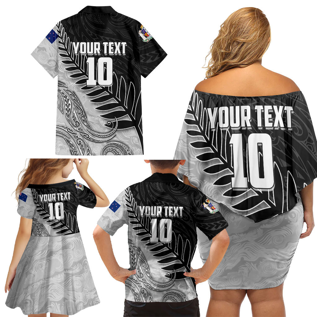 Personalized New Zealand Football Family Matching Off Shoulder Short Dress and Hawaiian Shirt Kiwi Mascot with Silver Fern - Maori Tribal Tattoo Art TS04 - Polynesian Pride