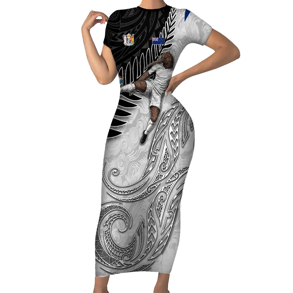 Personalized New Zealand Football Family Matching Short Sleeve Bodycon Dress and Hawaiian Shirt Kiwi Mascot with Silver Fern - Maori Tribal Tattoo Art TS04 Mom's Dress Black White - Polynesian Pride