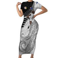 Personalized New Zealand Football Family Matching Short Sleeve Bodycon Dress and Hawaiian Shirt Kiwi Mascot with Silver Fern - Maori Tribal Tattoo Art TS04 Mom's Dress Black White - Polynesian Pride