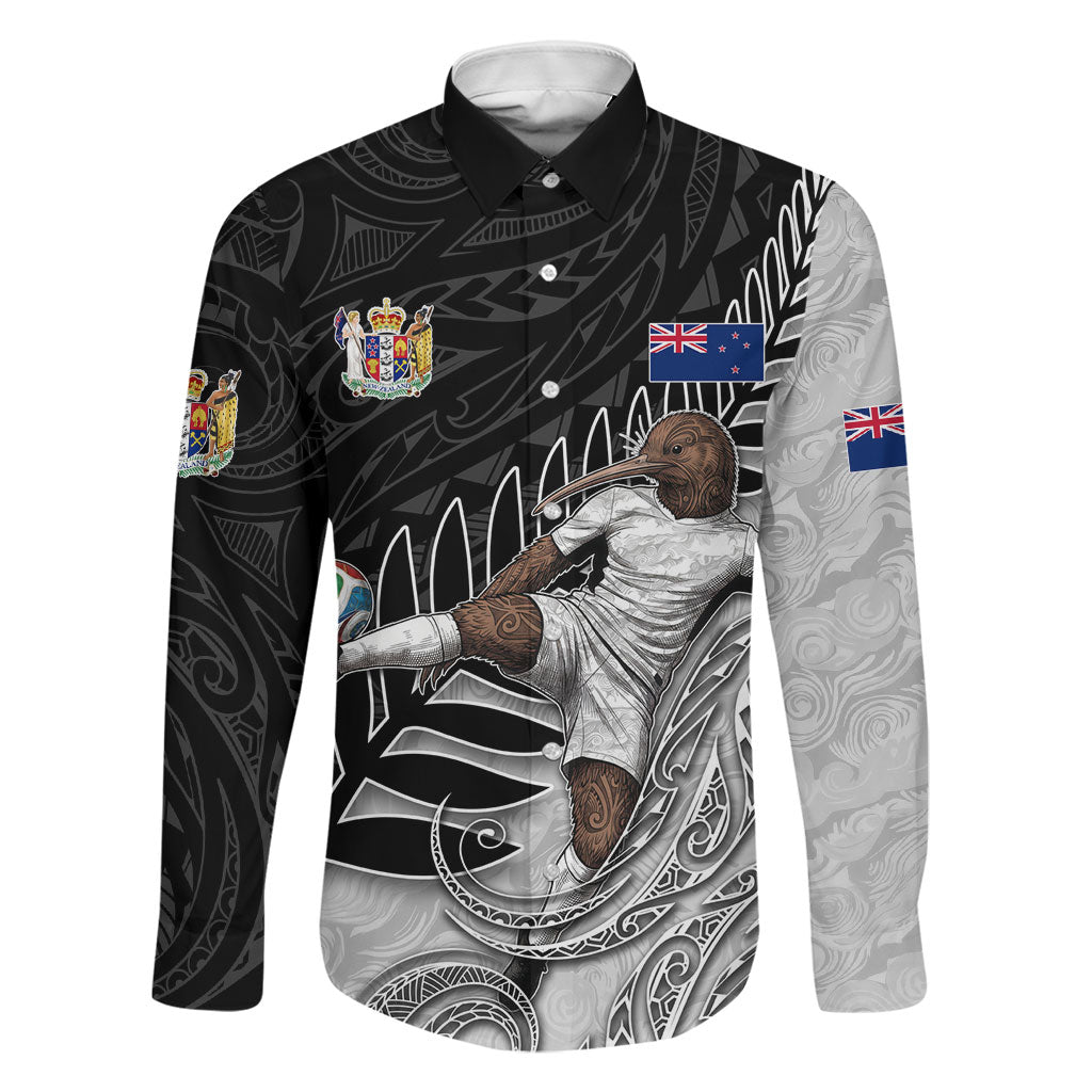 Personalized New Zealand Football Family Matching Summer Maxi Dress and Hawaiian Shirt Kiwi Mascot with Silver Fern - Maori Tribal Tattoo Art TS04 Dad's Shirt - Long Sleeve Black White - Polynesian Pride