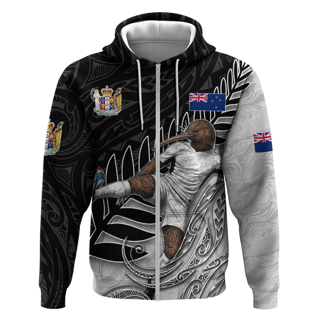 Personalized New Zealand Football Hoodie Kiwi Mascot with Silver Fern - Maori Tribal Tattoo Art TS04 Zip Hoodie Black White - Polynesian Pride