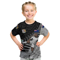 Personalized New Zealand Football Kid T Shirt Kiwi Mascot with Silver Fern - Maori Tribal Tattoo Art TS04 Black White - Polynesian Pride