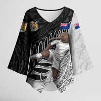 Personalized New Zealand Football Kimono Sleeve Blouse Kiwi Mascot with Silver Fern - Maori Tribal Tattoo Art TS04 Female Black White - Polynesian Pride