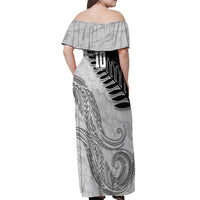 Personalized New Zealand Football Off Shoulder Maxi Dress Kiwi Mascot with Silver Fern - Maori Tribal Tattoo Art TS04 - Polynesian Pride