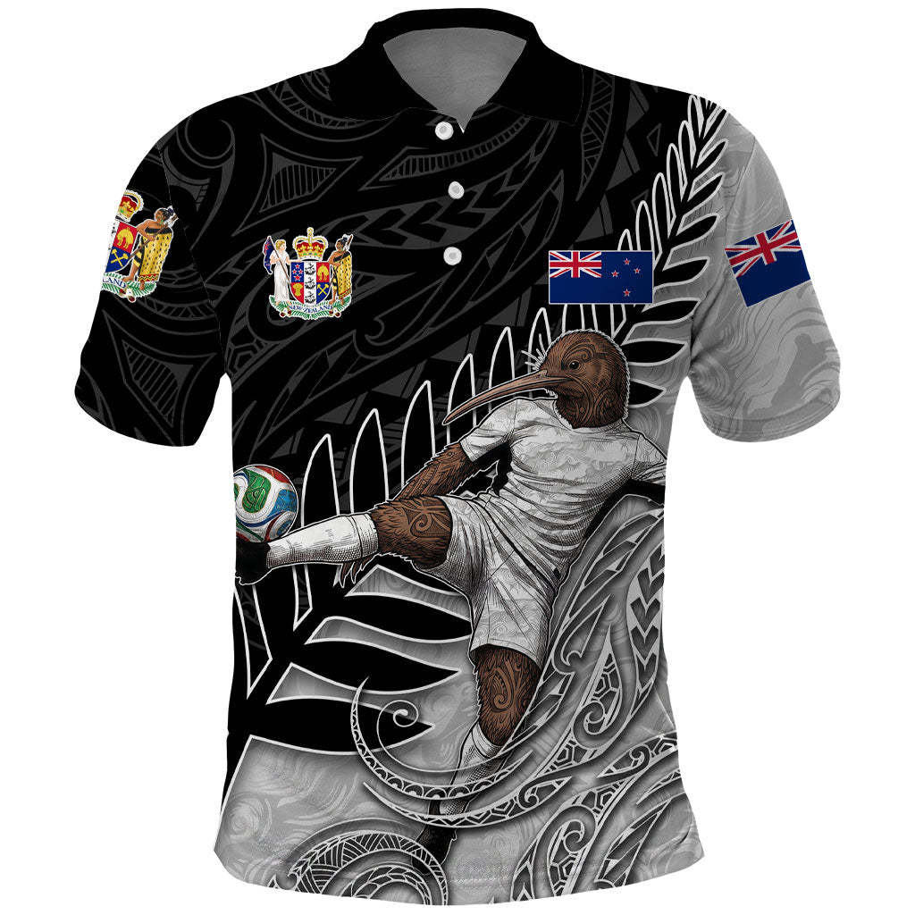 Personalized New Zealand Football Polo Shirt Kiwi Mascot with Silver Fern - Maori Tribal Tattoo Art TS04 Black White - Polynesian Pride