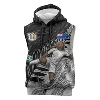 Personalized New Zealand Football Sleeveless Hoodie Kiwi Mascot with Silver Fern - Maori Tribal Tattoo Art TS04 Black White - Polynesian Pride