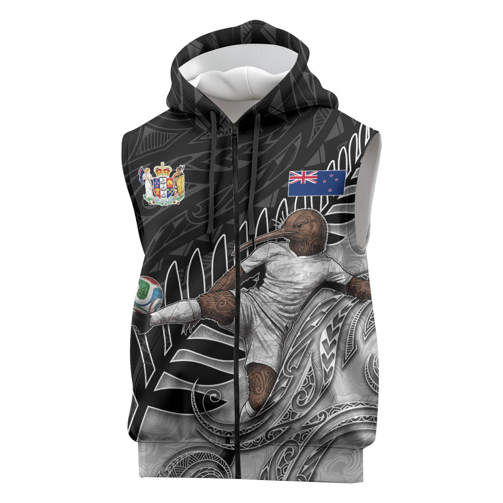 Personalized New Zealand Football Sleeveless Zip Hoodie Kiwi Mascot with Silver Fern - Maori Tribal Tattoo Art