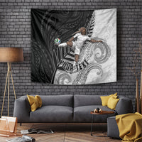 Personalized New Zealand Football Tapestry Kiwi Mascot with Silver Fern - Maori Tribal Tattoo Art TS04 Black White - Polynesian Pride