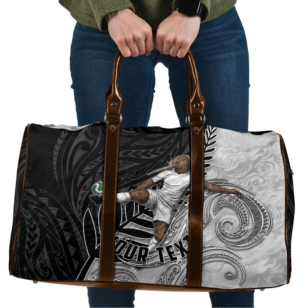 Personalized New Zealand Football Travel Bag Kiwi Mascot with Silver Fern - Maori Tribal Tattoo Art TS04 Black White - Polynesian Pride
