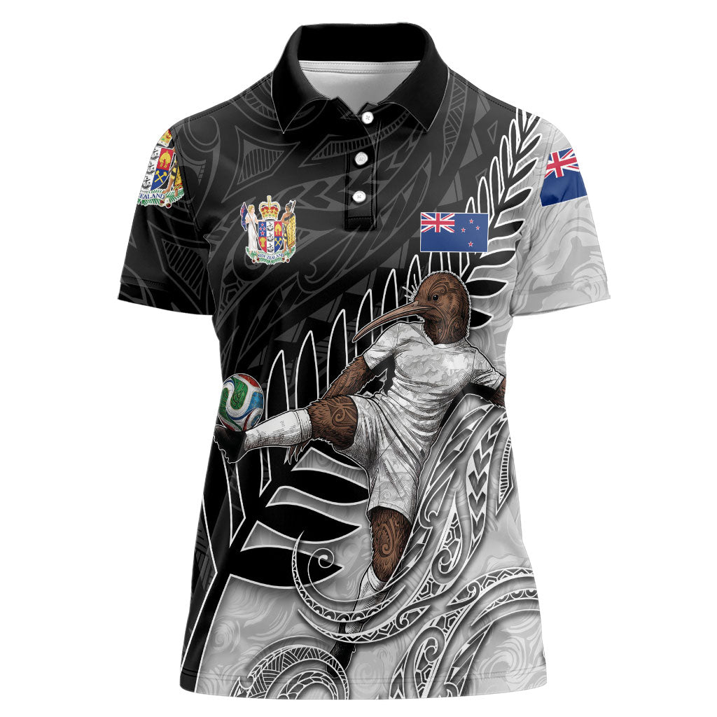 Personalized New Zealand Football Women Polo Shirt Kiwi Mascot with Silver Fern - Maori Tribal Tattoo Art