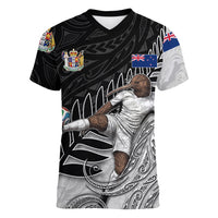 Personalized New Zealand Football Women V-Neck T-Shirt Kiwi Mascot with Silver Fern - Maori Tribal Tattoo Art TS04 Female Black White - Polynesian Pride