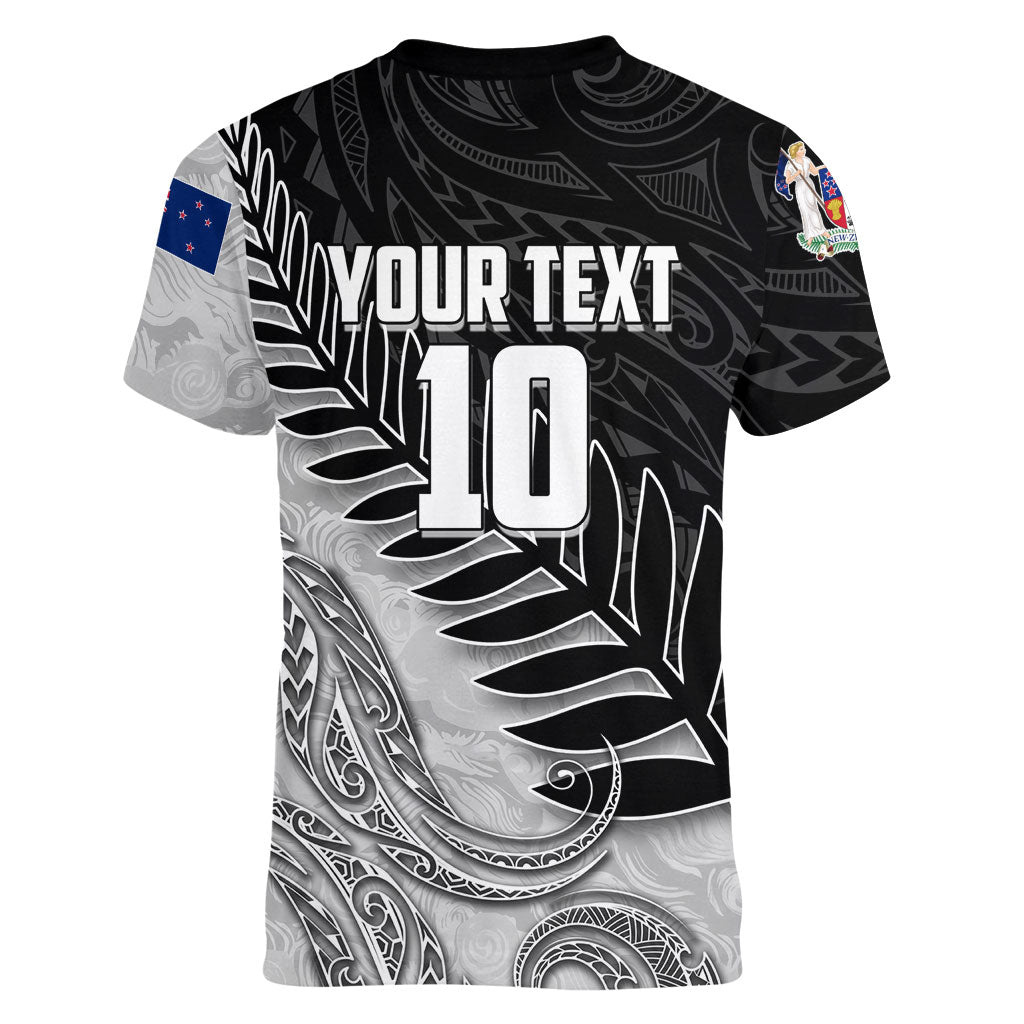 Personalized New Zealand Football Women V-Neck T-Shirt Kiwi Mascot with Silver Fern - Maori Tribal Tattoo Art TS04 - Polynesian Pride