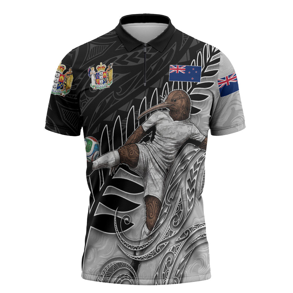 Personalized New Zealand Football Zipper Polo Shirt Kiwi Mascot with Silver Fern - Maori Tribal Tattoo Art TS04 Black White - Polynesian Pride