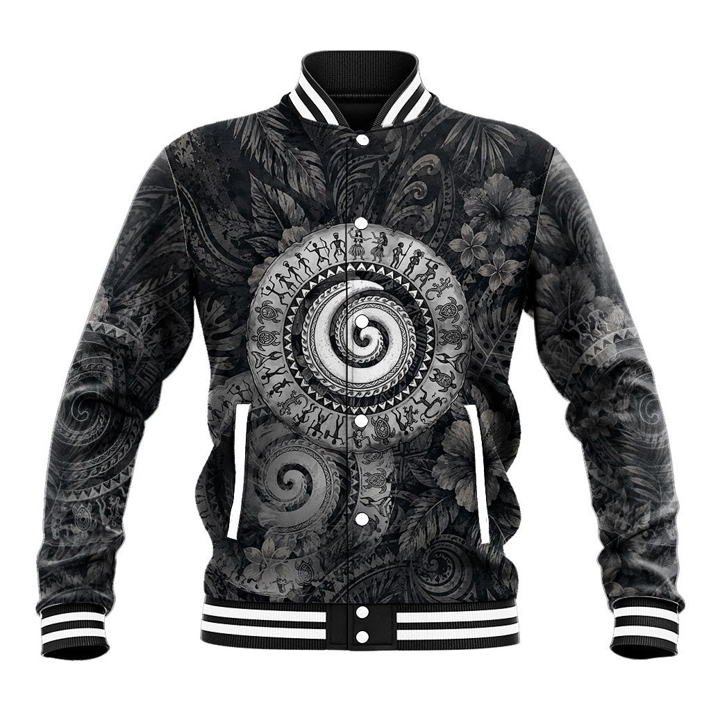 Hawaiian Piko Baseball Jacket Cultural Anchor Connect Your Roots Ocean Waves TS04 Unisex Black Grey - Polynesian Pride