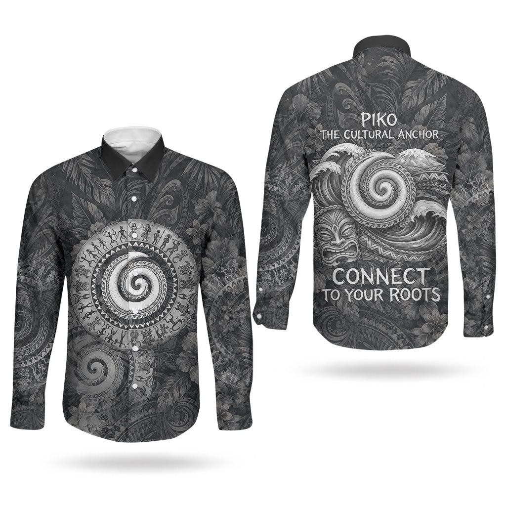 Hawaiian Piko Couples Matching Puletasi and Long Sleeve Button Shirt Cultural Anchor Connect Your Roots Ocean Waves