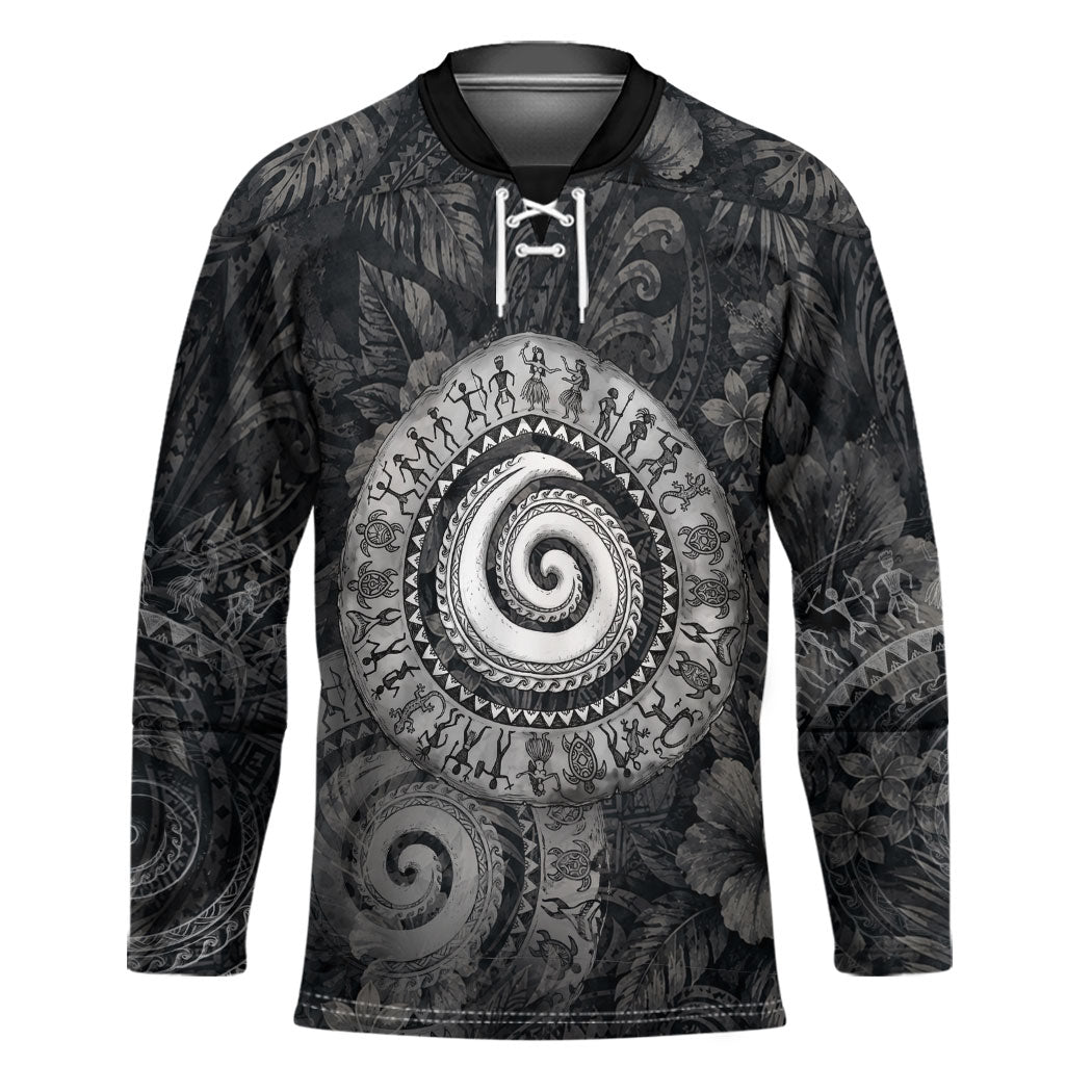 Hawaiian Piko Hockey Jersey Cultural Anchor Connect Your Roots Ocean Waves TS04 Unisex Black Grey - Polynesian Pride
