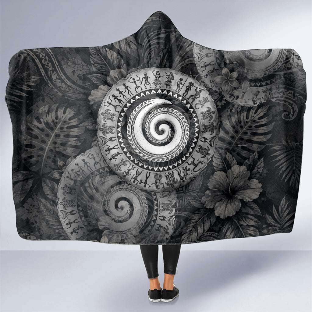 Hawaiian Piko Hooded Blanket Cultural Anchor Connect Your Roots Ocean Waves TS04 One Size Black Grey - Polynesian Pride