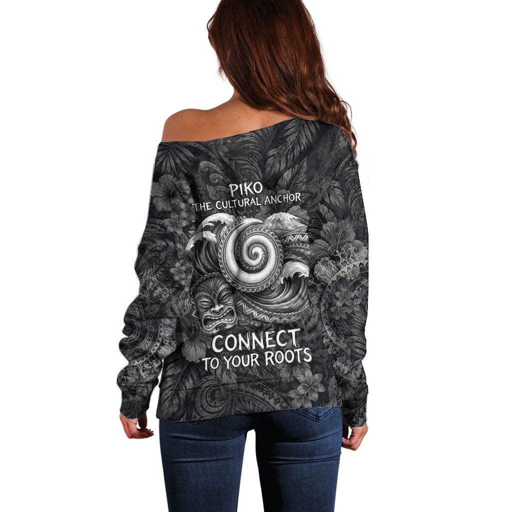 Hawaiian Piko Off Shoulder Sweater Cultural Anchor Connect Your Roots Ocean Waves