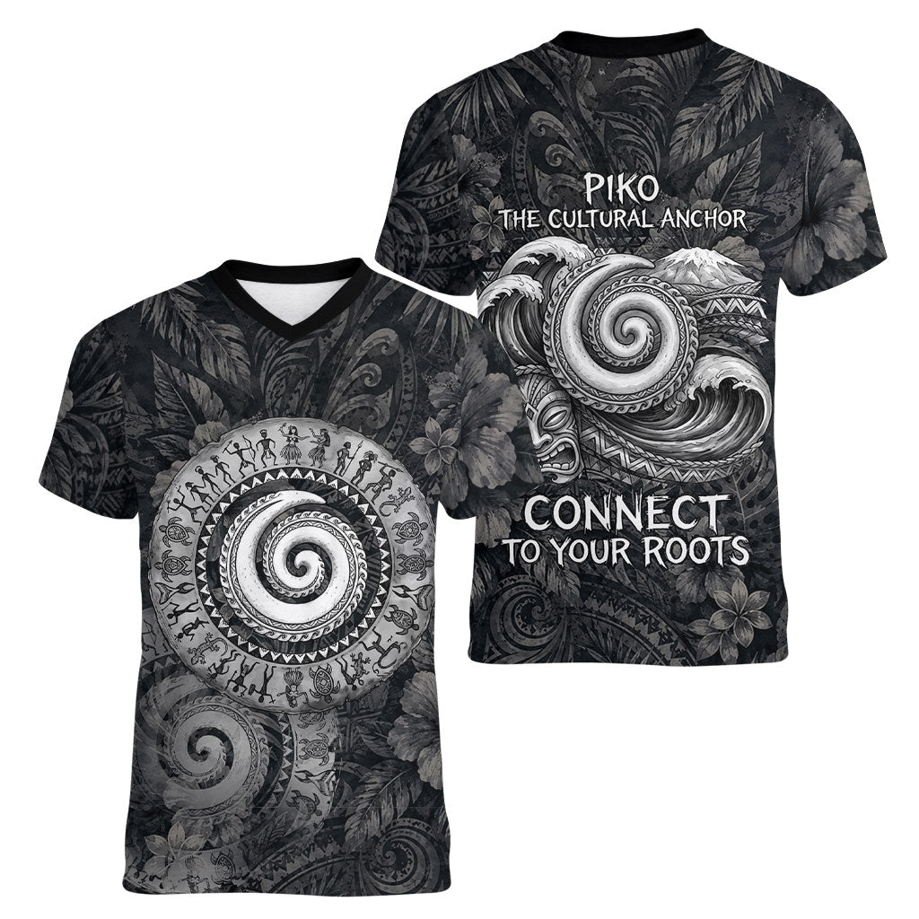 Hawaiian Piko Women V-Neck T-Shirt Cultural Anchor Connect Your Roots Ocean Waves