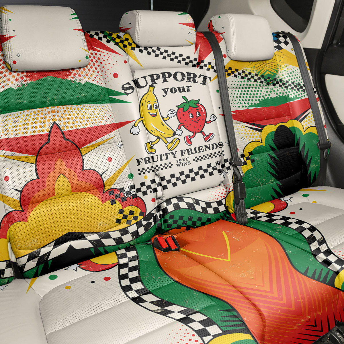 Support Your Fruity Friends Love Wins Gay Pride Back Car Seat Cover LGBTQ Retro 30s Cartoon Checkered