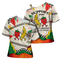 Support Your Fruity Friends Love Wins Gay Pride Cross Shoulder Shirt LGBTQ Retro 30s Cartoon Checkered
