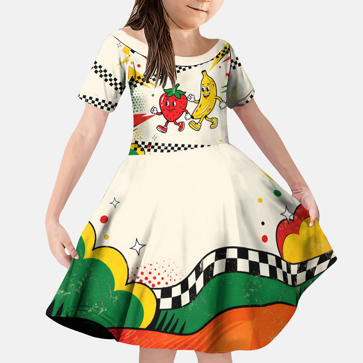 Support Your Fruity Friends Love Wins Gay Pride Kid Short Sleeve Dress LGBTQ Retro 30s Cartoon Checkered