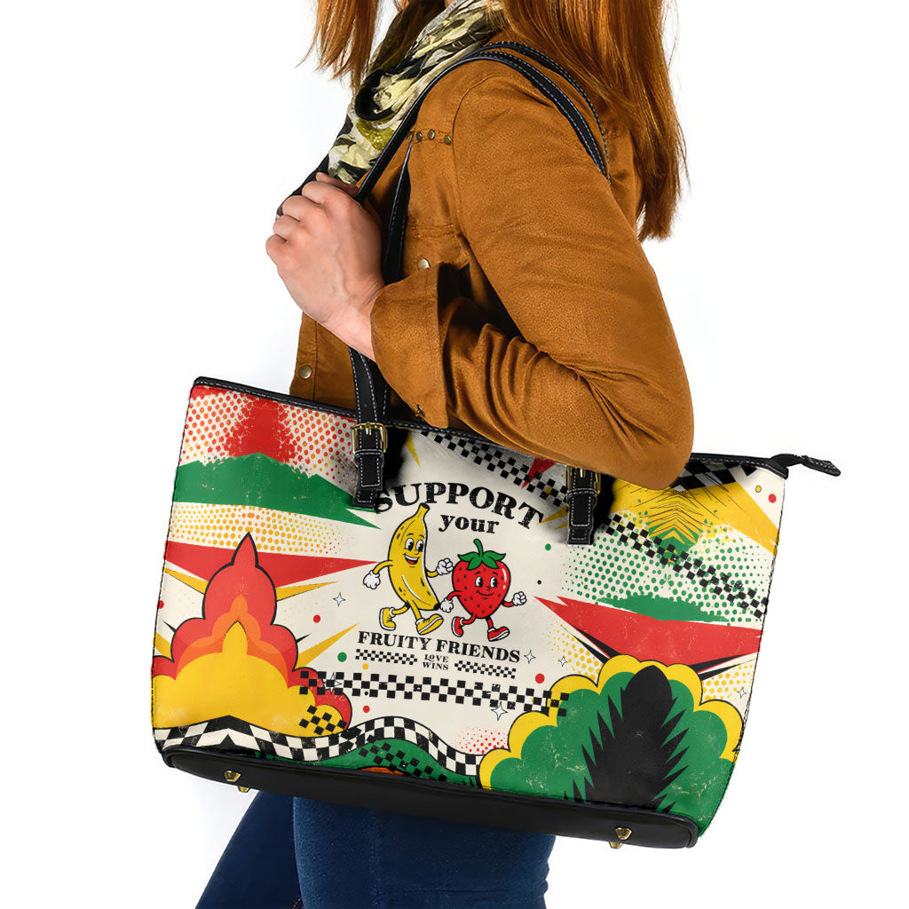 Support Your Fruity Friends Love Wins Gay Pride Leather Tote Bag LGBTQ Retro 30s Cartoon Checkered