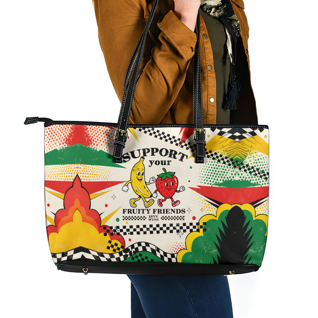 Support Your Fruity Friends Love Wins Gay Pride Leather Tote Bag LGBTQ Retro 30s Cartoon Checkered