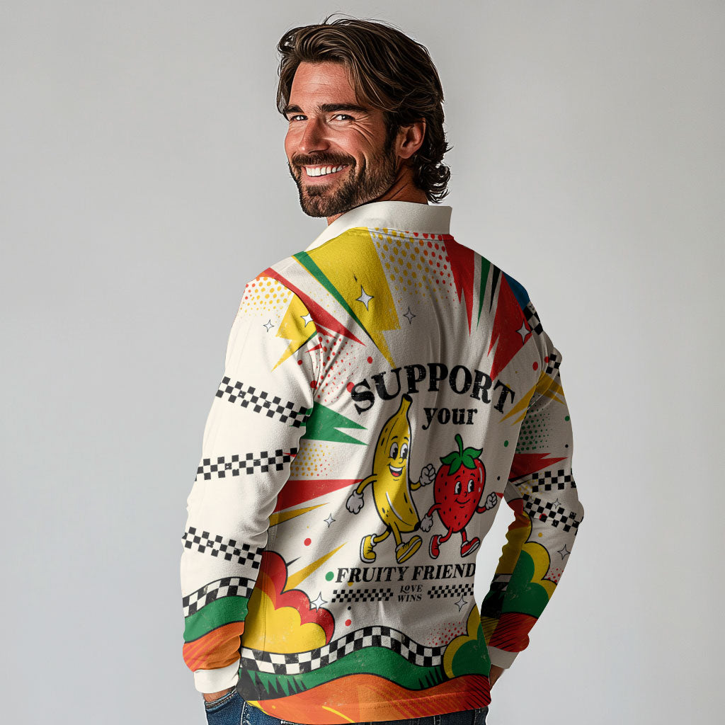 Support Your Fruity Friends Love Wins Gay Pride Long Sleeve Polo Shirt LGBTQ Retro 30s Cartoon Checkered
