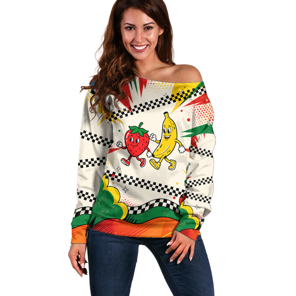 Support Your Fruity Friends Love Wins Gay Pride Off Shoulder Sweater LGBTQ Retro 30s Cartoon Checkered