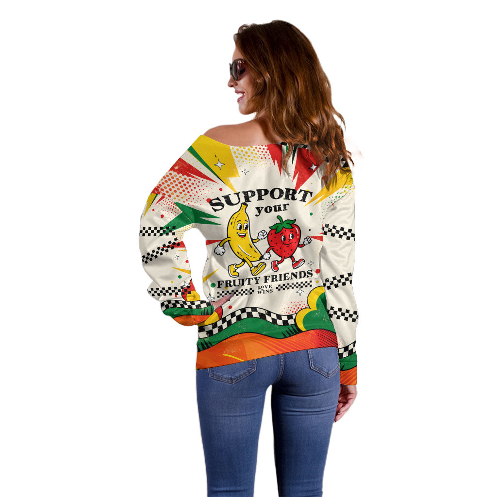 Support Your Fruity Friends Love Wins Gay Pride Off Shoulder Sweater LGBTQ Retro 30s Cartoon Checkered