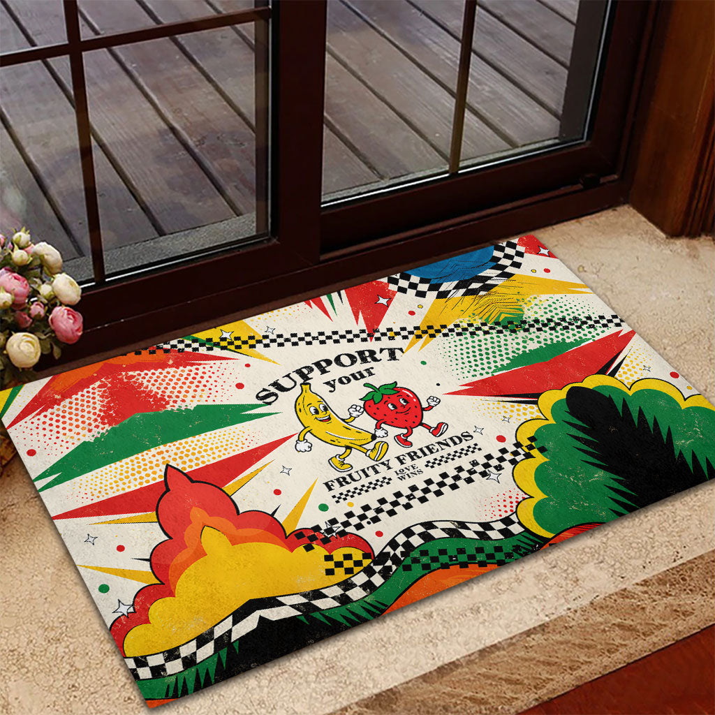 Support Your Fruity Friends Love Wins Gay Pride Rubber Doormat LGBTQ Retro 30s Cartoon Checkered