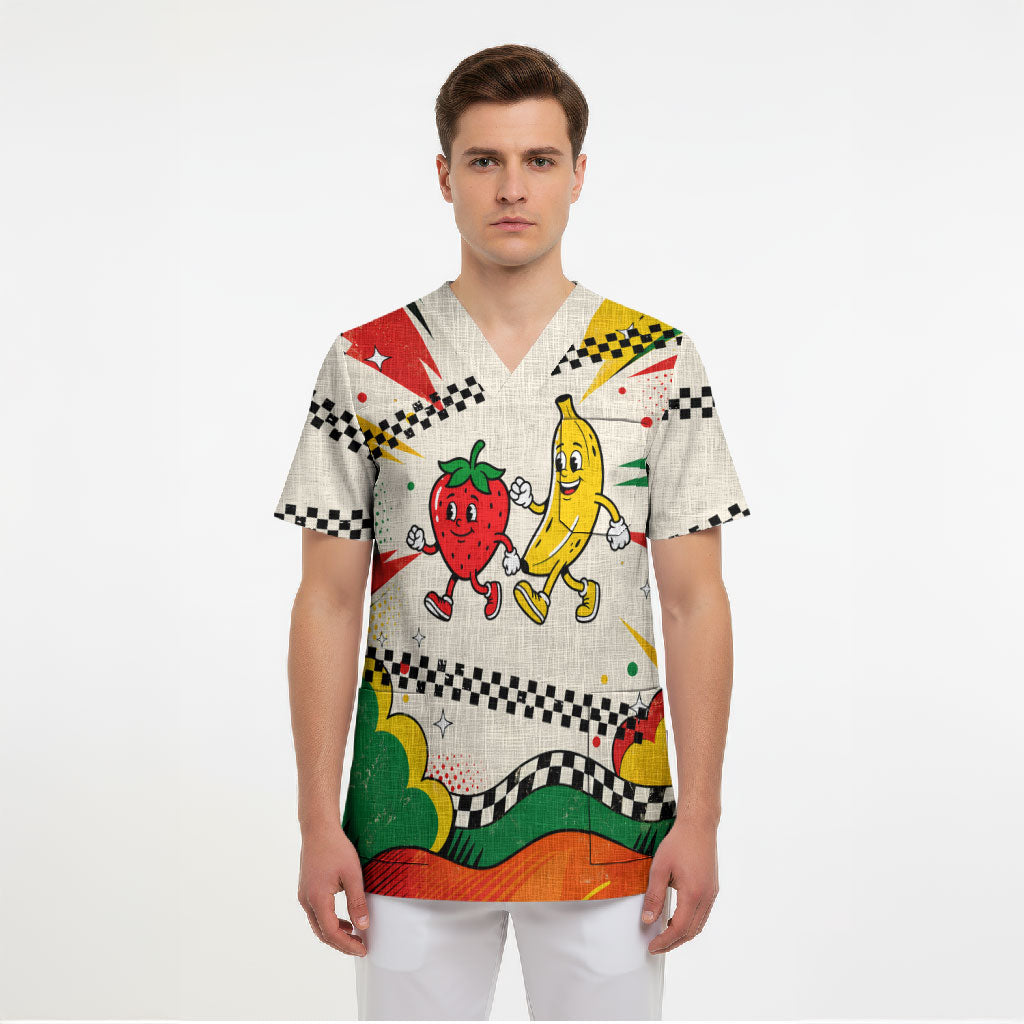 Support Your Fruity Friends Love Wins Gay Pride Scrub Top LGBTQ Retro 30s Cartoon Checkered