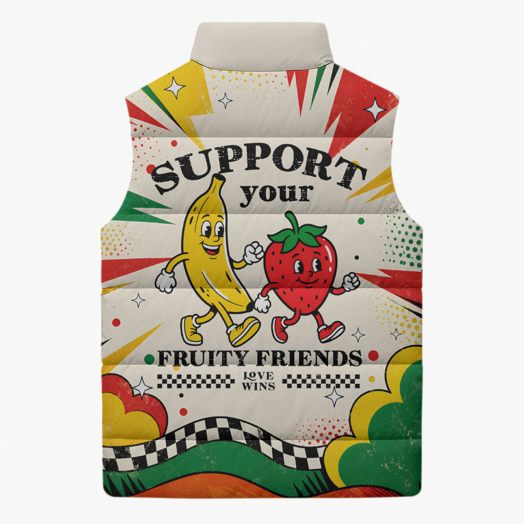 Support Your Fruity Friends Love Wins Gay Pride Sleeveless Puffer Jacket LGBTQ Retro 30s Cartoon Checkered