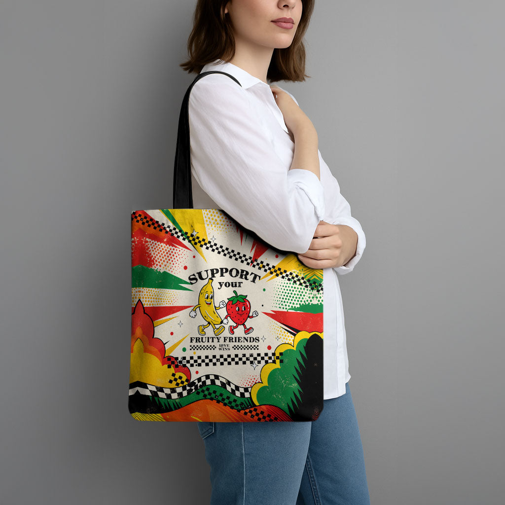Support Your Fruity Friends Love Wins Gay Pride Tote Bag LGBTQ Retro 30s Cartoon Checkered
